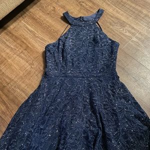 Short Navy Blue Formal Dress-Glitter Lace with Halter neck